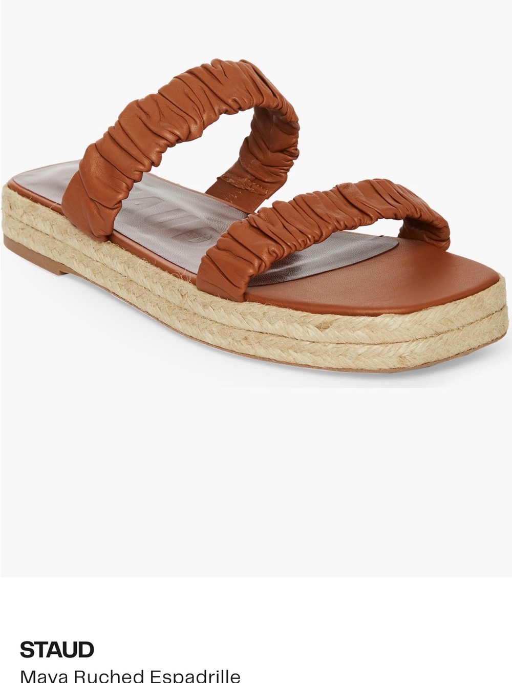 STAUD Ruched Double-Strap Espadrille Slide - Cognac Brown
